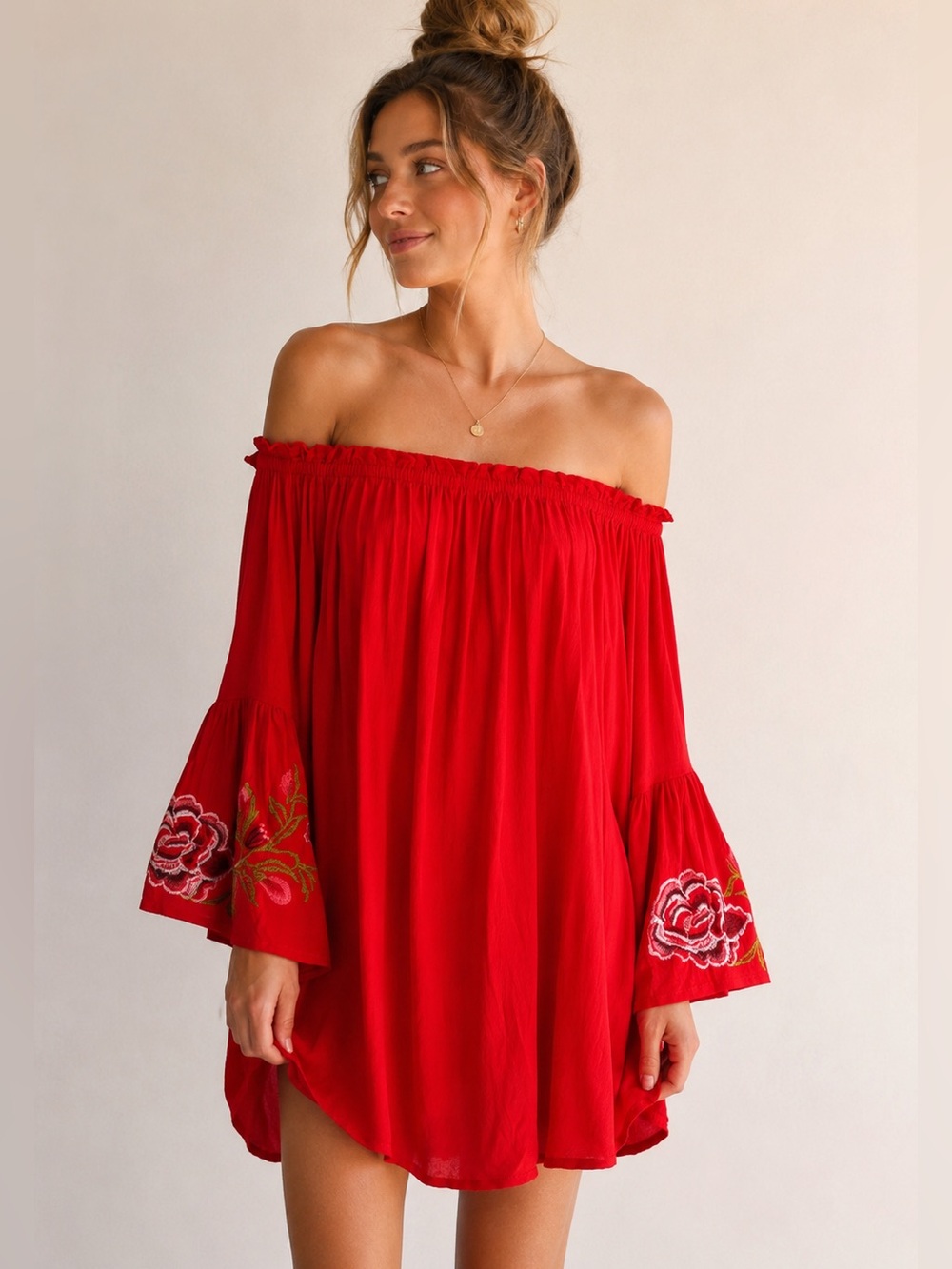 Feathers Boho Red Off Shoulder Embroidered Bell Sleeve Mini Dress Medium